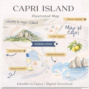 Plantilla de mapa para bodas en la isla de Capri, mapa para bodas de destino en Italia, mapa de bodas editable en Canva, mapa de bodas ilustrado para imprimir.