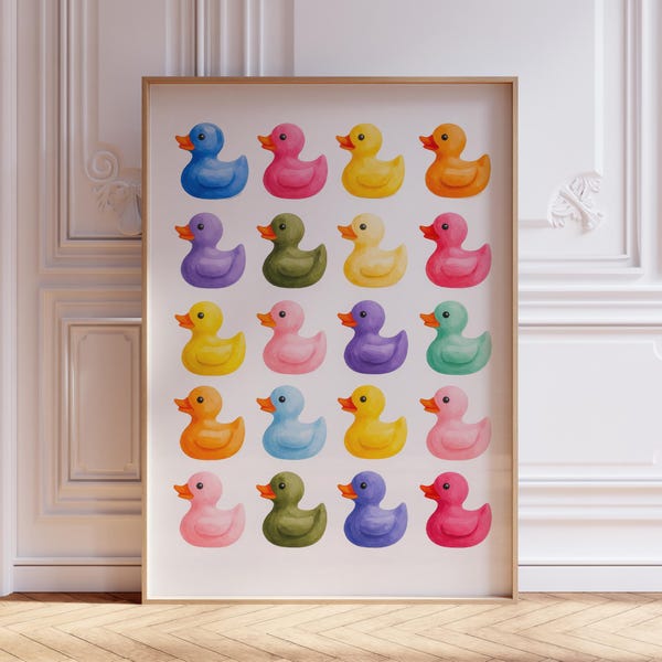 Rainbow Rubber Duck Kids Bathroom Wall Art Print
