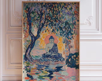 May include: A framed painting depicts a seated Buddha under a tree. The artwork features a serene Buddha figure in blue robes, surrounded by colorful foliage and a soft, orange halo. The style is impressionistic, with visible brushstrokes and a calming color palette.