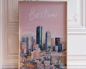 May include: A framed art print featuring a colorful cityscape of Boston, with a pink sky and the city's name in white script. The buildings are painted in shades of blue, pink, and orange.