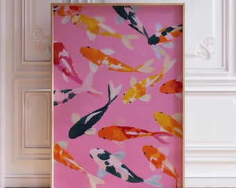 Pink Girly Japandi Koi Fish Wall Art Print