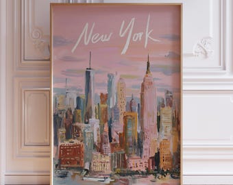 May include: A framed art print of the New York City skyline, painted in a soft, impressionistic style. The artwork features iconic skyscrapers, including the Empire State Building, under a pink and orange sky. The words "New York" are written across the top.