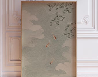 May include: A framed art print featuring a serene scene of koi fish swimming in a pond. The artwork has a soft color palette with shades of blue, white, and touches of red and gold. The image evokes a sense of tranquility and natural beauty.
