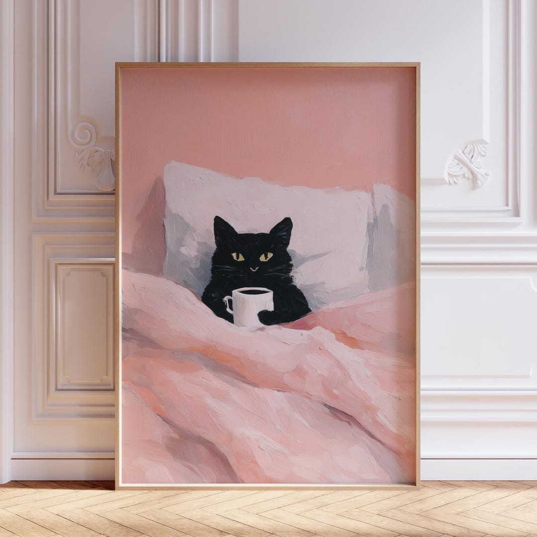 Pink Black Cat Wall Art Print - Etsy