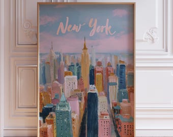 May include: A framed art print of New York City. The artwork depicts a colorful cityscape with various buildings in shades of blue, pink, orange, and yellow. The words "New York" are written in cursive across the top against a pink and blue sky.