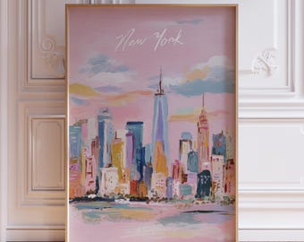 May include: A framed art print of the New York City skyline. The artwork features a colorful, impressionistic painting style with a pink and blue sky. The word "New York" is written in cursive at the top.
