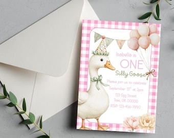 Edytowalne zaproszenie na pierwsze urodziny Goose | Zabawne urodziny Goose | Edytowalne pierwsze urodziny | Impreza Goose | Natychmiastowe pobranie