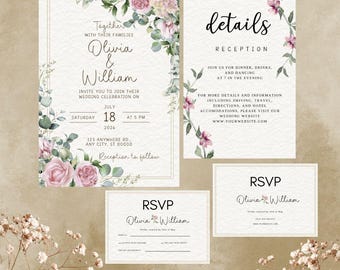 Zestaw szablonów zaproszeń ślubnych z motywem różowej róży | Edytowalne zaproszenie ślubne z motywem kwiatowym | Wydrukowane karty RSVP i szczegółowe informacje