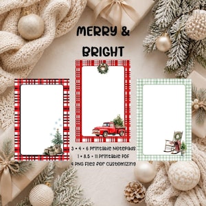 May include: Three printable stationery sheets with Merry & Bright text. One features a red plaid border with a Christmas tree, one a red plaid border with a red truck and wreath, and one a green gingham border with a rocking chair and wreath.