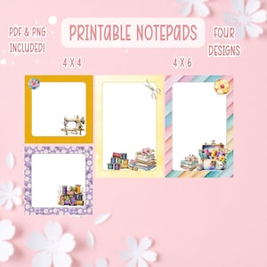 May include: Printable notepads with four designs, including 4x4 and 4x6 sizes. The designs feature sewing machines, scissors, spools of thread, and sewing kits. The image has a pink background with white flower accents.