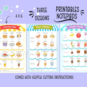 Puede incluir: Blocs de notas imprimibles con tres diseños, cada uno con un tema de comida diferente: Sunrise Eats, Noon Nibbles y Sweet Treats. Los blocs de notas miden 10,16 x 15,24 cm e incluyen instrucciones de corte.