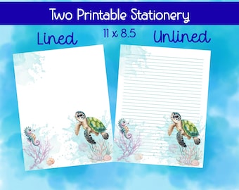 Papier do pisania „Pod żółwiem morskim” do druku – Papier do pisania „Żółw” – Pobierz cyfrowo – Uroczy papier do pisania „Ocean”