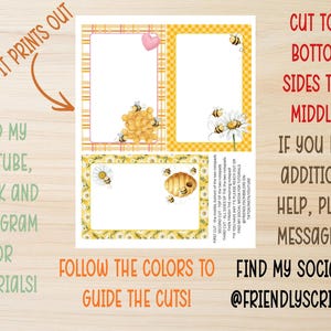 May include: Printable notepad sheets with bee and daisy illustrations. The design includes text that says "How it prints out", "Cut top, bottom, sides then middles!", and "Find my socials at @friendlyscribblers".