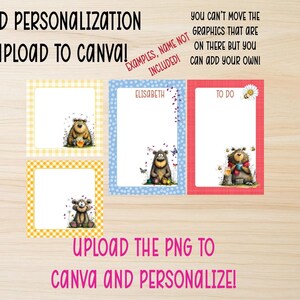 Op de afbeelding: Aanpasbare sjablonen met cartoonberen. De sjablonen hebben een gele ruitjesrand, een blauwe stippelrand en een rode rand. De tekst luidt: "Voeg personalisatie toe Upload naar Canva!" en "Upload de PNG naar Canva en personaliseer!"
