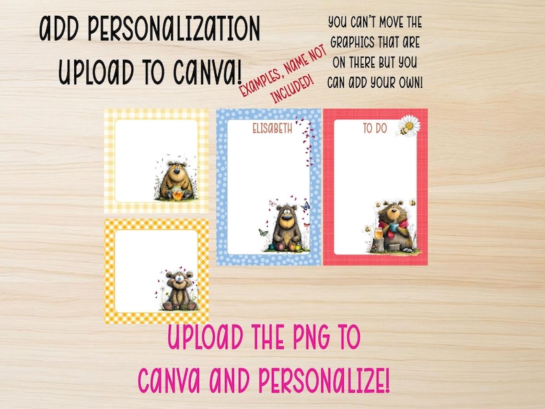 Op de afbeelding: Aanpasbare sjablonen met cartoonberen. De sjablonen hebben een gele ruitjesrand, een blauwe stippelrand en een rode rand. De tekst luidt: "Voeg personalisatie toe Upload naar Canva!" en "Upload de PNG naar Canva en personaliseer!"