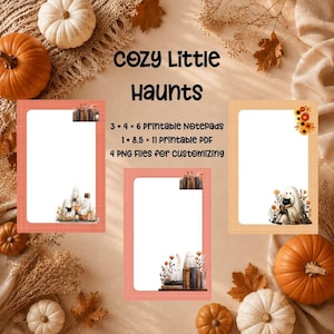 Könnte beinhalten: Ein digitales Schreibwaren-Set mit dem Titel Cozy Little Haunts, bestehend aus drei druckbaren Notizblöcken (10,16 x 15,24 cm), einem druckbaren PDF (21,59 x 27,94 cm) und vier PNG-Dateien. Die Motive zeigen weiße Geister, Bücher und Herbstblumen.