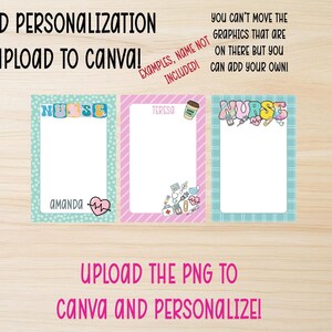 Puede incluir: Tres plantillas personalizables con el tema de enfermer&iacute;a con el texto "Nurse", "Amanda" y "Teresa". Las plantillas tienen un fondo blanco con bordes y gr&aacute;ficos coloridos. El texto de la imagen dice "&iexcl;A&ntilde;ade personalizaci&oacute;n Sube a Canva!"
