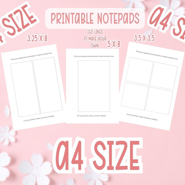 A4 Canva Cut Lines Notepad Printable | 3.5 x 3.5 | 5x8 | 3.25 x 8 | Printable Notepad | Digital Files