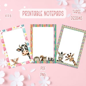 May include: Printable notepads with three designs, each 4 x 6 inches. The notepads feature colorful borders and illustrations of animals, including a cow, pig, hedgehog, squirrel, zebra, and giraffe. The notepads are available in PDF and PNG formats.