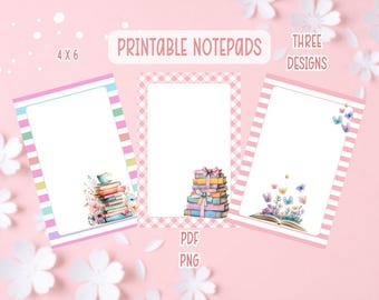 Book Lover Printable Notepads | Stacked Books, Butterflies with Books (PDF, PNG)