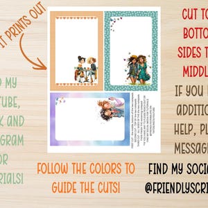 May include: Printable notepad sheets with illustrations of girls, with text instructions: "Cut top, bottom, sides then middles!" and "Follow the colors to guide the cuts!" Also includes social media handles for tutorials.