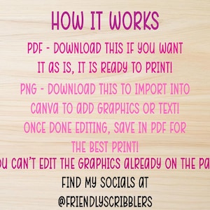 May include: A wooden background with the text "HOW IT WORKS" in pink. Instructions are provided for downloading a PDF or PNG file for printing or editing in Canva. The text also includes a social media handle.