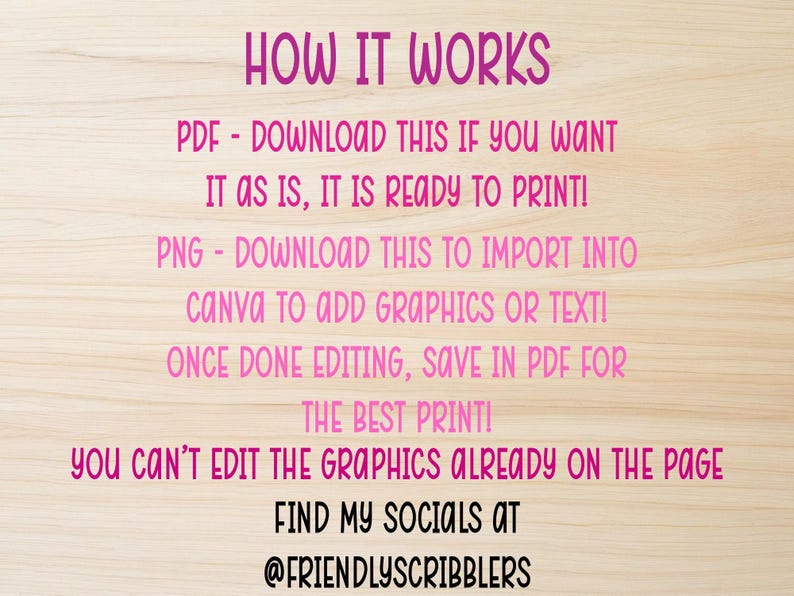 May include: A wooden background with the text "HOW IT WORKS" in pink. Instructions are provided for downloading a PDF or PNG file for printing or editing in Canva. The text also includes a social media handle.