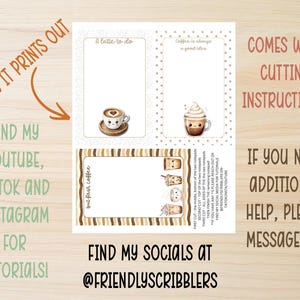 May include: A printable coffee-themed notepad sheet with three sections: "A latte to do," "Coffee is always a good idea," and "but first coffee." The sheet includes instructions and social media information.