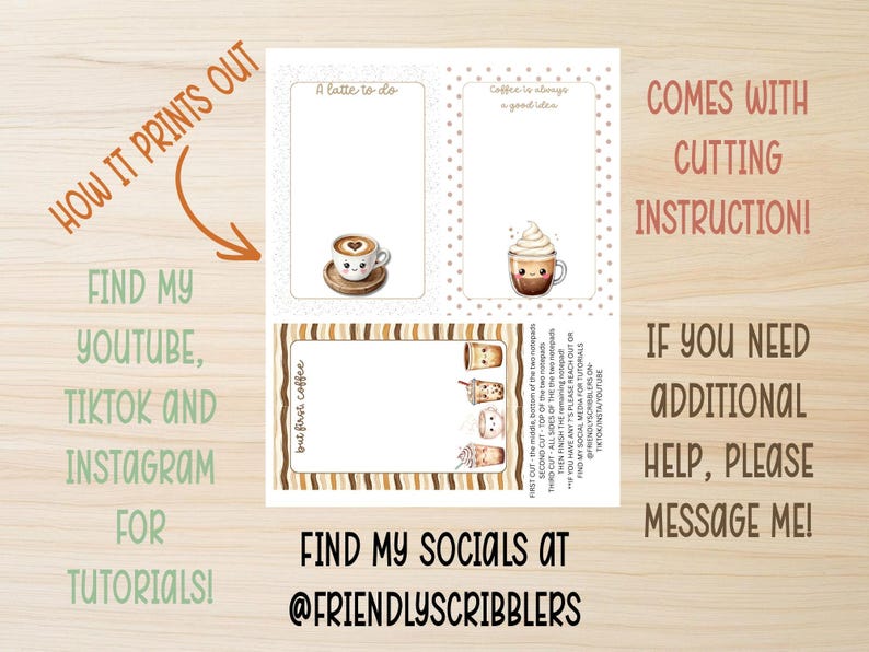 May include: A printable coffee-themed notepad sheet with three sections: "A latte to do," "Coffee is always a good idea," and "but first coffee." The sheet includes instructions and social media information.