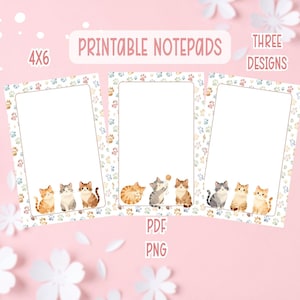 Puede incluir: Tres blocs de notas imprimibles de 4x6 con tres diseños que presentan ilustraciones de gatos y huellas. Los blocs tienen centros blancos para escribir y están etiquetados como archivos PDF y PNG. El texto dice PRINTABLE NOTEPADS, 4X6, THREE DESIGNS, PDF, PNG.