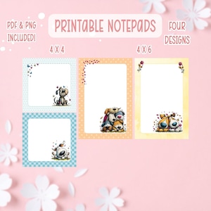 Könnte beinhalten: Druckbare Notizblöcke mit vier Designs, die niedliche Cartoon-Welpen zeigen. Die Notizblöcke sind in den Größen 10x10 cm und 10x15 cm erhältlich. Das Bild enthält den Text "PDF & PNG INCLUDED!" und "Printable Notepads".