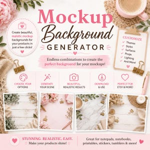 Könnte beinhalten: Eine digitale Grafikwerbung für einen Mockup-Hintergrundgenerator mit rosa und braunem Text, einem Klemmbrett mit Checkliste, vier quadratischen Beispielbildern von Hintergründen sowie dekorativen Elementen wie Blumen, Clips und einem Stift.