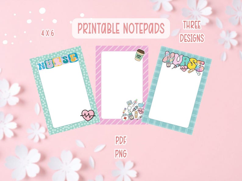 Puede incluir: Tres blocs de notas imprimibles con dise&ntilde;os de enfermer&iacute;a. Cada bloc de notas tiene un interior blanco y un borde colorido. Los blocs de notas miden 10 x 15 cm y presentan la palabra "NURSE" y gr&aacute;ficos m&eacute;dicos.