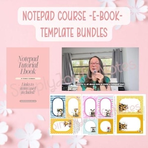 Puede incluir: Gráfico rosa con el texto "NOTEPAD COURSE -E-BOOK- TEMPLATE BUNDLES". La imagen incluye un libro electrónico de tutoriales de blocs de notas, un vídeo y diseños de plantillas de blocs de notas con ilustraciones de animales. El libro electrónico incluye enlaces a los elementos utilizados.