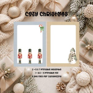 May include: Two printable notepad designs with the text COZY CHRISTMAS. One features a blue grid border with three nutcracker figures and a candy cane. The other has a tan textured border with a snowman wearing a green scarf and hat.