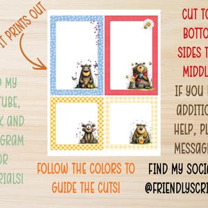 Op de afbeelding: Afdrukbare briefpapierbladen met berenillustraties in blauwe, rode en gele kaders. De afbeelding bevat de tekst "HOW IT PRINTS OUT", "CUT TOP, BOTTOM, SIDES THEN MIDDLES!" en "FIND MY YOUTUBE, TIKTOK AND INSTAGRAM FOR TUTORIALS!"