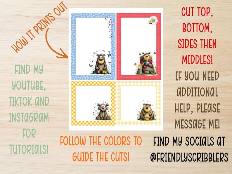 Op de afbeelding: Afdrukbare briefpapierbladen met berenillustraties in blauwe, rode en gele kaders. De afbeelding bevat de tekst "HOW IT PRINTS OUT", "CUT TOP, BOTTOM, SIDES THEN MIDDLES!" en "FIND MY YOUTUBE, TIKTOK AND INSTAGRAM FOR TUTORIALS!"
