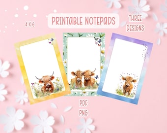 Pacchetto di blocchi note stampabili con mucche delle Highlands / Cancelleria stampabile con mucche carine / Blocchetti note da ritagliare con mucche