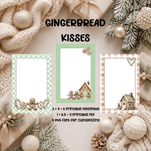 Puede incluir: Tres diseños de blocs de notas imprimibles con el texto GINGERBREAD KISSES. Los diseños presentan figuras de pan de jengibre, casas y bastones de caramelo sobre fondos de cuadros verdes, verde claro y beige, dimensiones 3 x 4 x 6 y 8.5 x 11.