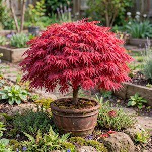 May include: A vibrant red Japanese maple tree with delicate, lace-like leaves forming a dense, rounded canopy. The tree is planted in a weathered, round brown ceramic pot, showcasing a textured trunk and deep crimson foliage in a garden.