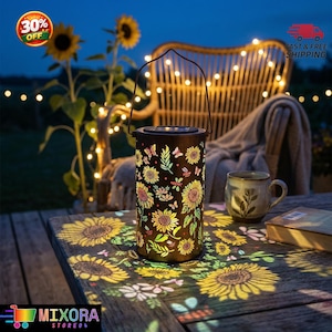 Sunflower Solar Lantern, Metal Garden Decor, Butterfly Shadow Projector, Rustic Patio Light