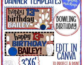 Plantilla de banner de cumpleaños digital - BOWLING BIRTHDAY - Maqueta de banner para Canva - Banners de cumpleaños para pintar