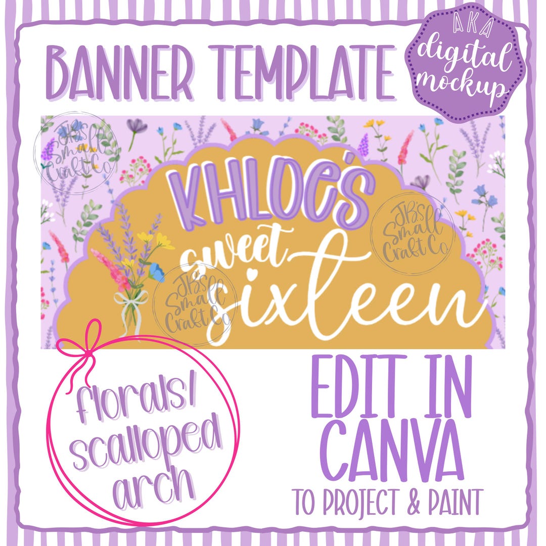 Editable Birthday Banner Template - Purple Florals With Scalloped Arch ...