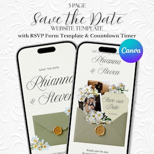 Saliegroen en ivoor: bewaar de datum bruiloft websitesjabloon met RSVP en countdown Timer, oud geld bewerkbare canvas huwelijksuitnodiging