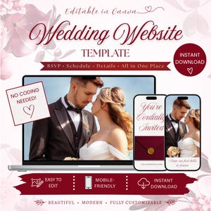Op de afbeelding: Een sjabloon voor een trouwwebsite weergegeven op een laptop en twee smartphones. Het ontwerp toont een stel, met tekst die luidt "Wedding Website Template", "RSVP", "Schedule", "Details" en "All in One Place". Extra tekst is "Easy to Edit", "Mobile-Friendly" en "Instant Download".