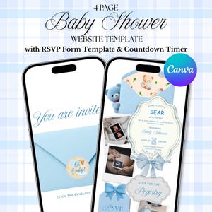 May include: A 4-page baby shower website template displayed on two smartphones. The screens feature blue envelopes, teddy bear illustrations, and text including 'You are invited', 'A sweet little bear is on the way', and 'Click for the registry'.