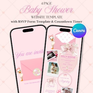 Op de afbeelding: Een 4-pagina baby shower website sjabloon weergegeven op twee smartphones, met roze thema's, illustraties van een gans met een strik, een RSVP-formulier, een afteltimer en tekst waaronder "You are invited" en "A sweet little silly goose".