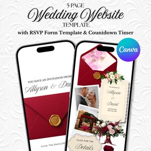 Op de afbeelding: Een 5-pagina trouwwebsite sjabloon voor Canva met twee smartphoneschermen die uitnodigingsontwerpen tonen met donkerrode enveloppen, gouden waszegels, bloemstukken en tekst zoals Allyson & David en Click for the Details.