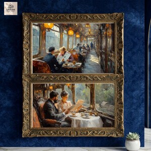 May include: Two framed art prints showing a vintage train carriage interior with people reading newspapers and drinking tea. The ornate gold frames enclose the detailed paintings, creating a warm, nostalgic atmosphere. The prints are displayed against a dark blue wall.
