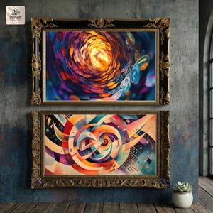 May include: Two framed abstract art prints. The top print features a swirling vortex of colors, including orange, yellow, and purple. The bottom print showcases a geometric design with a spiral center and a palette of orange, blue, and red. Both are in ornate gold frames.